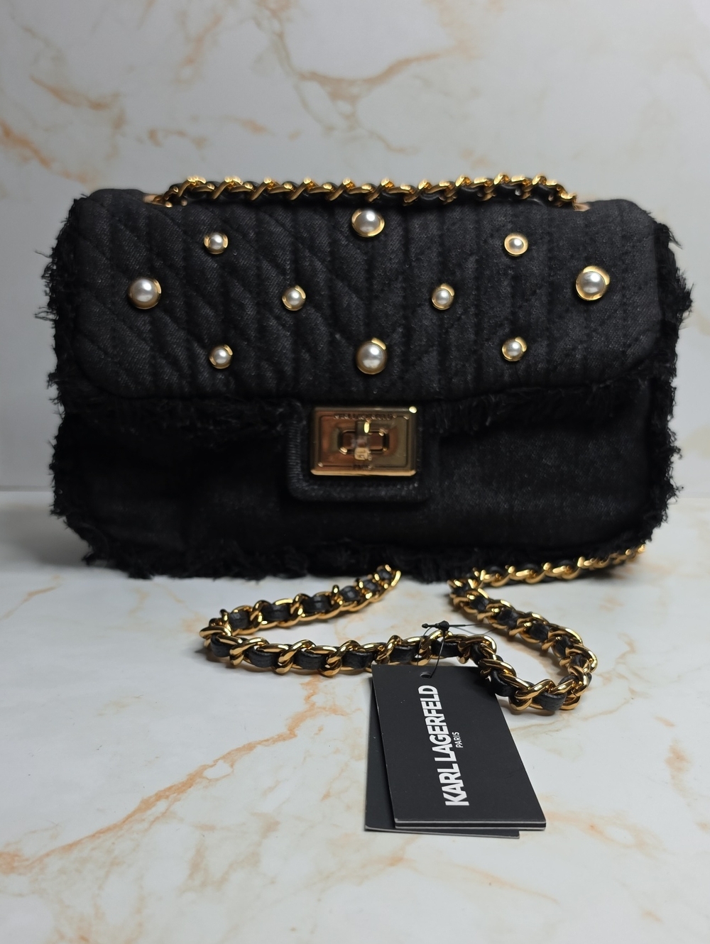 Karl Lagerfeld Black Denim Quilted Fringe Pearl-Accent Chain Bag Agyness New